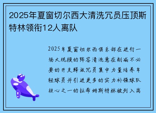 2025年夏窗切尔西大清洗冗员压顶斯特林领衔12人离队