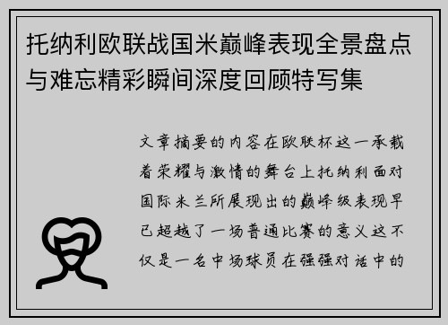 托纳利欧联战国米巅峰表现全景盘点与难忘精彩瞬间深度回顾特写集